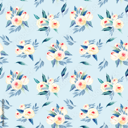 Seamless floral pattern with watercolor flower bouquets in pink and blue shades, hand-painted on a blue background