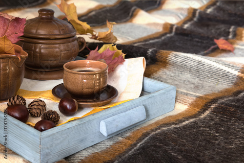 Breakfast on the tray in bed on a warm checkered brown veil. Autumn morning breakfast with coffee and decor from autumn leaves of forest spruce cones and chestnuts