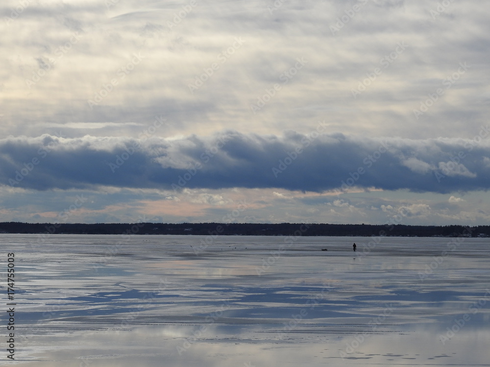 Ice, ice fishing, frozen, lake, Saratoga, pretty, clouds, water, sky