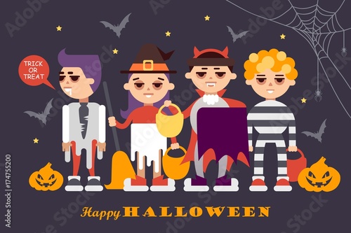 crowd of children in halloween costumes. night, pumpkins and bats. flat vector illustration