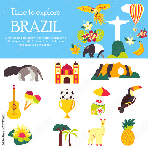 Tourist background welcome to Brazil with different elements and landmarks.
