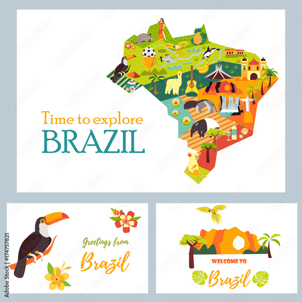 Tourist map of Brazil with landmarks and animals. Set of tourist cards ...