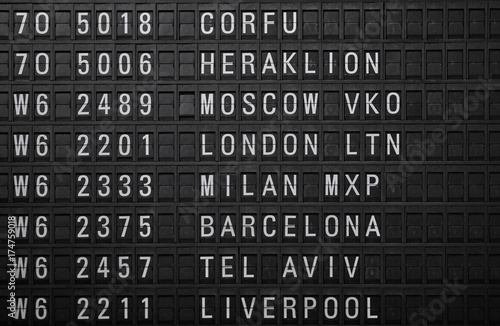 Departures board at the airport. Flight information mechanical timetable. Split flap mechanical departures board. Flight schedule