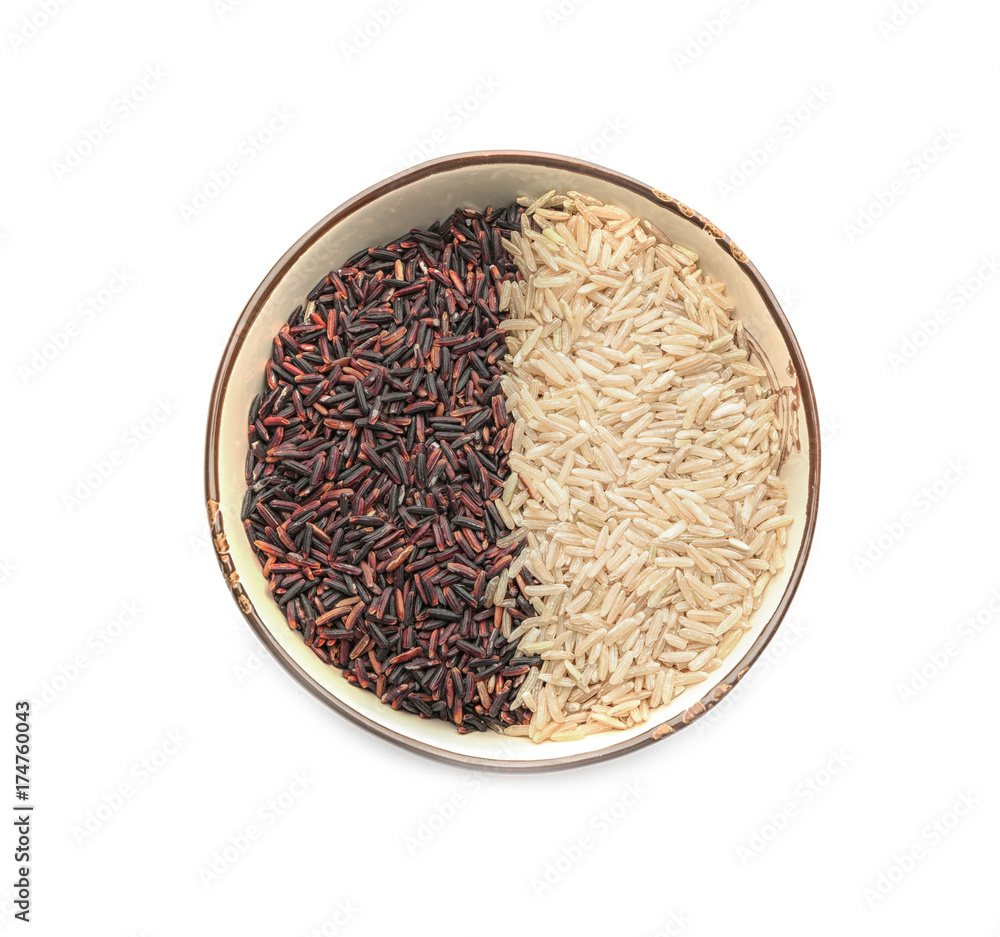 Bowl with brown and wild rice on white background Bowl with brown and wild rice on white background