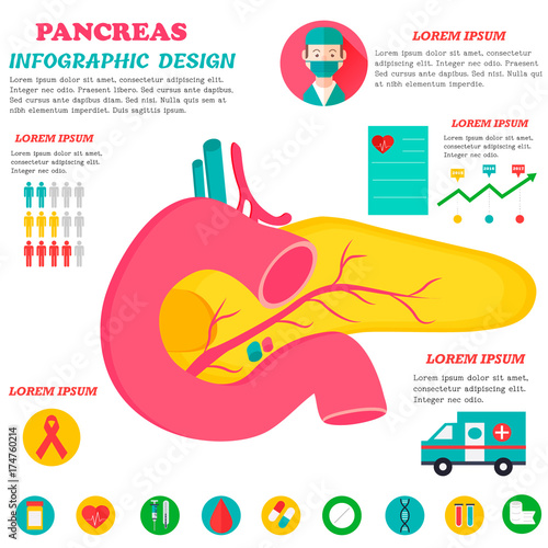 Infographic poster with pancreas illustration.