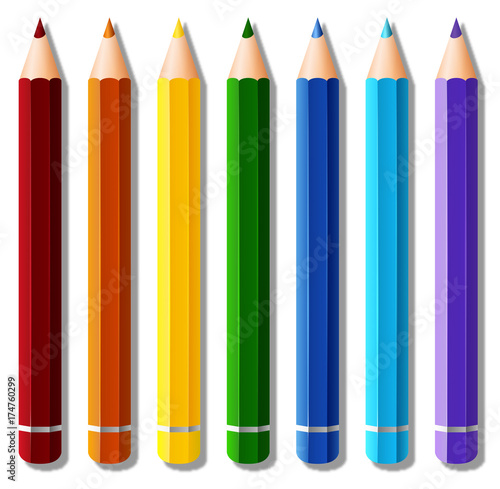 Seven color pencils on white background
