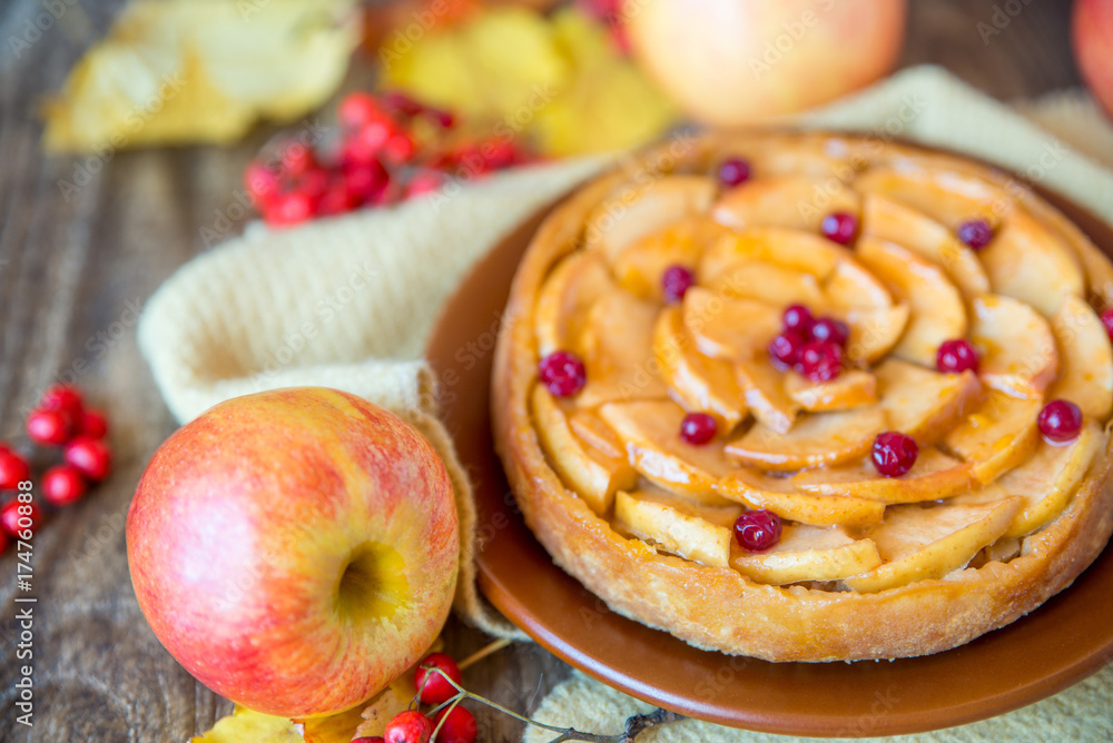 Apple pie on a wooden texture with red berries Apple pie on a wooden texture with red berries