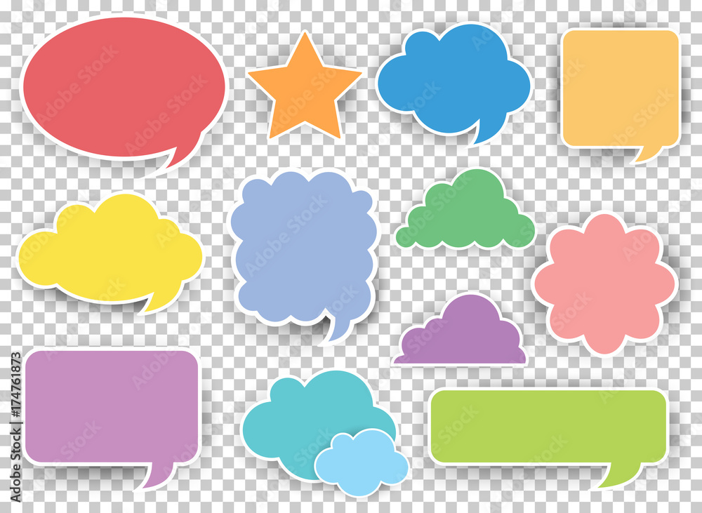 Many designs of speech bubbles in different colors