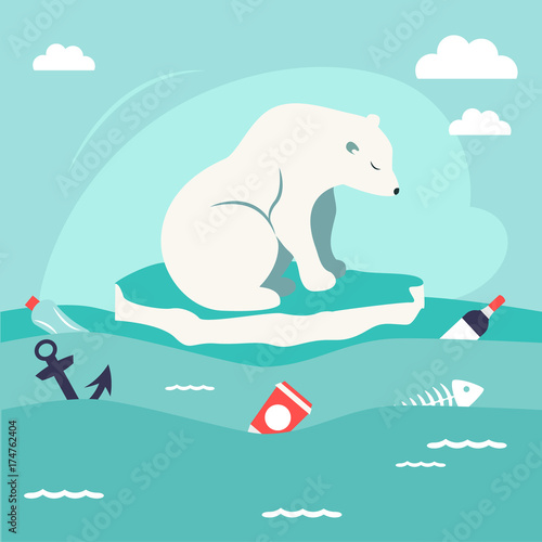 Save oceans concept. Illustration with cute polar bear.