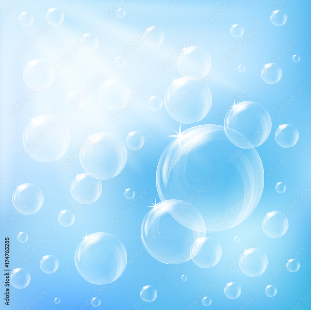 Bright bubbles floating on blue background