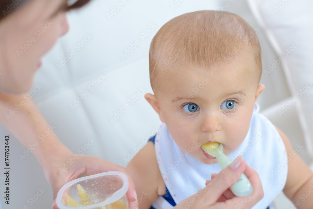mother feeding her baby boy with a spoon mother feeding her baby boy with a spoon