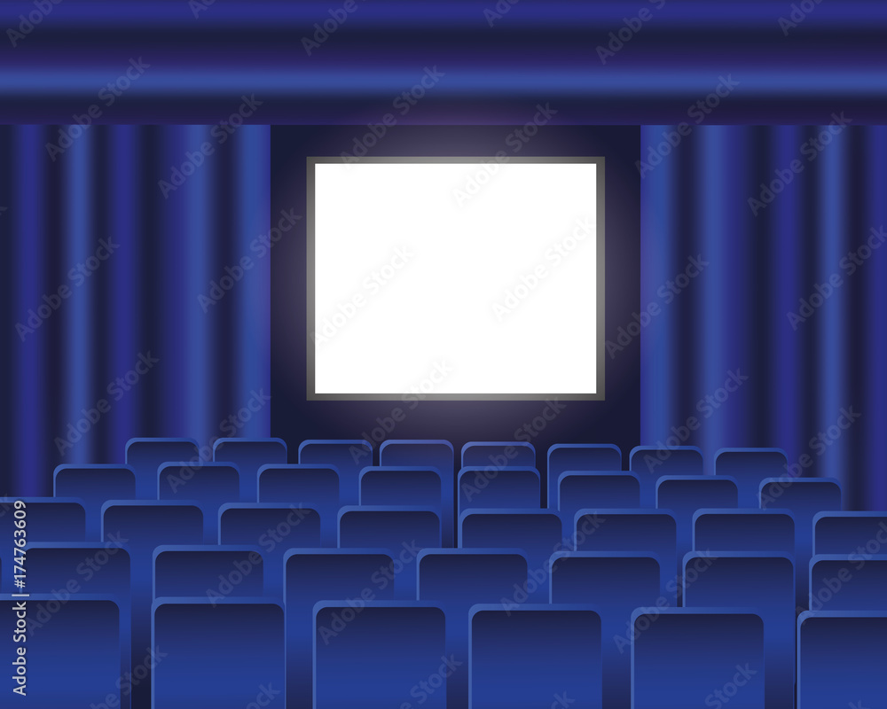 Obraz premium Cinema auditorium with blue seats and blank screen. Vector illustration