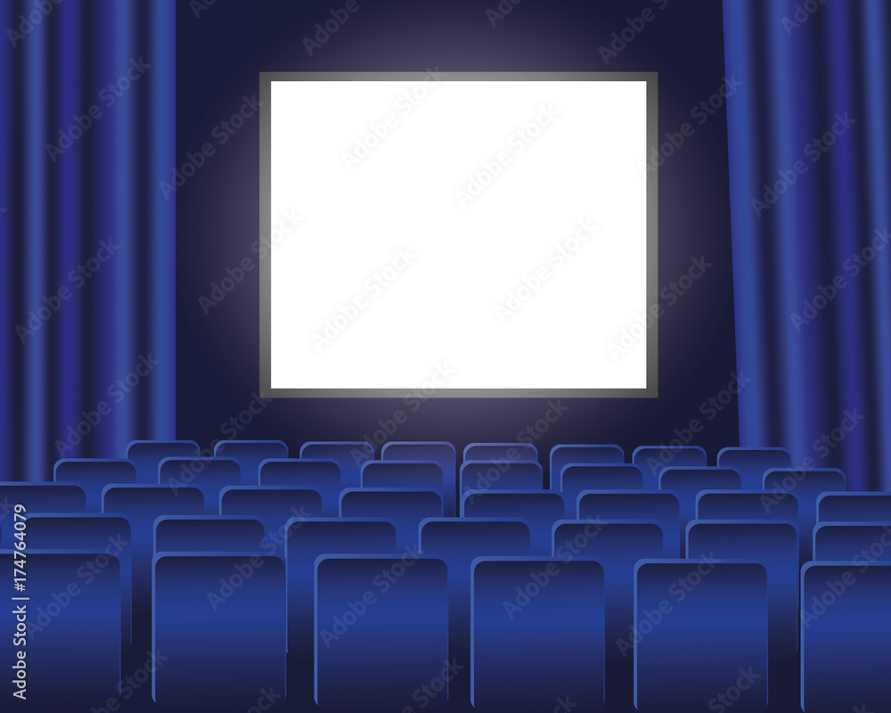 Fototapeta premium Cinema auditorium with blue seats and blank screen. Vector illustration