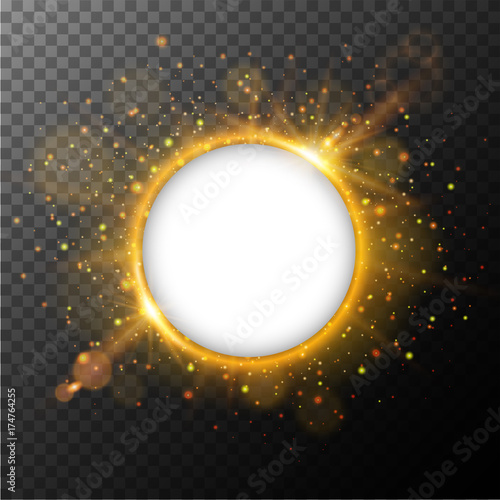 Round frame with orange light burst out in background