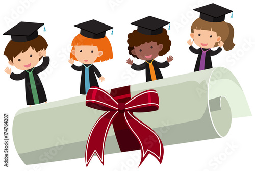 Kids with graduation gown and roll diploma
