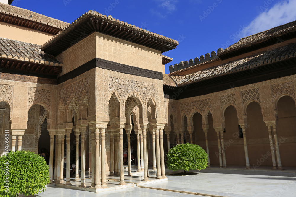 Alhambra Palace, court of the Lions architecture n Granada, Spain