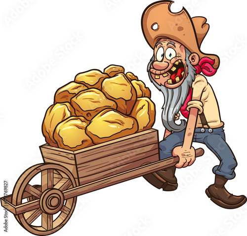 Cartoon miner with a wheelbarrow full of gold. Vector clip art illustration with simple gradients. All in a single layer. photo