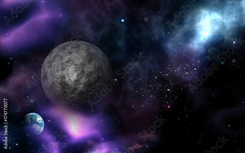 Fototapeta Naklejka Na Ścianę i Meble -  3D space background with fictional moon and planet