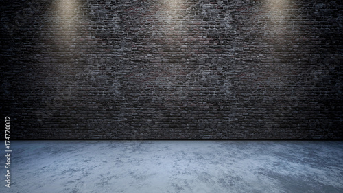 Fototapeta 3D room interior with brick wall with spotlights shining down