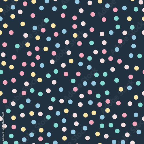 Colorful polka dots seamless pattern on black 9 background. Admirable classic colorful polka dots textile pattern. Seamless scattered confetti fall chaotic decor. Abstract vector illustration.