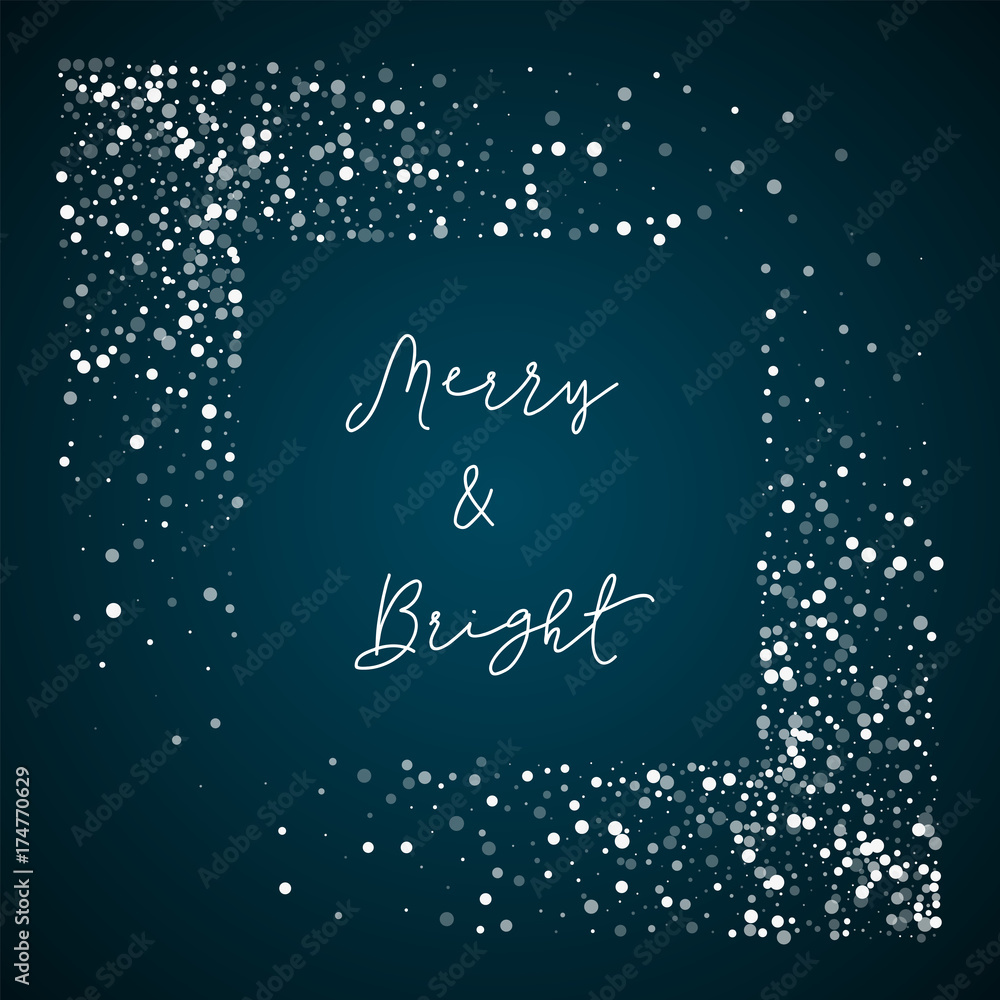Merry & Bright greeting card. Random falling white dots background. Random falling white dots on blue background.good-looking vector illustration.