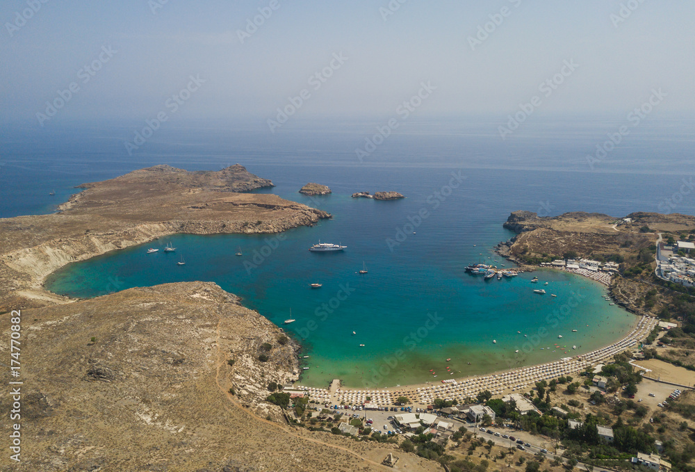 Aerial view of Lindos beach, Rhodes island