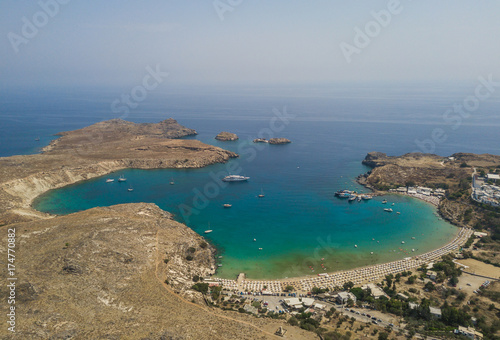 Aerial view of Lindos beach, Rhodes island