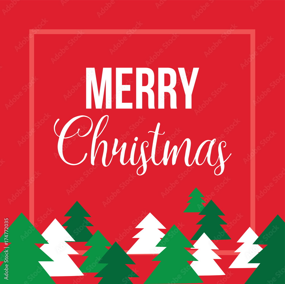 Merry Christmas Text Over Red Background with Green Pine Trees, Vector Illustration