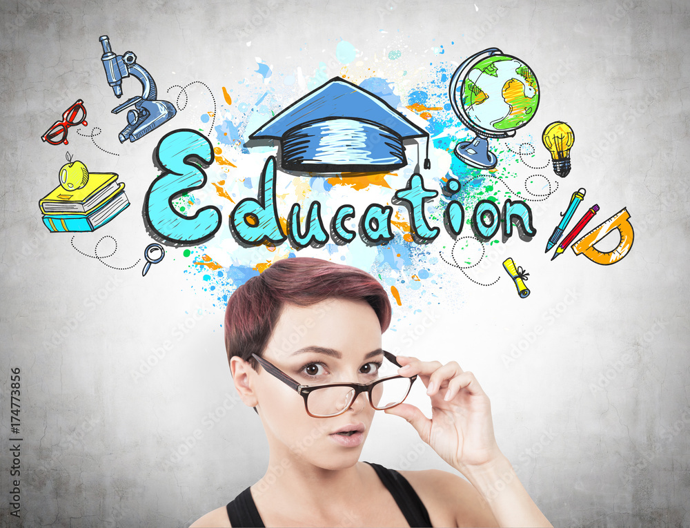 Surprised woman taking off glasses education icons Surprised woman taking off glasses education icons