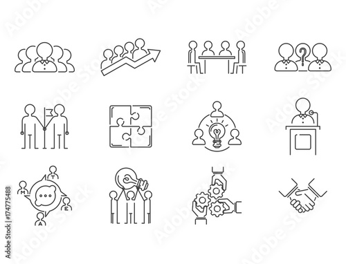 Business teamwork teambuilding thin line icons work command management outline human resources concept vector illustration