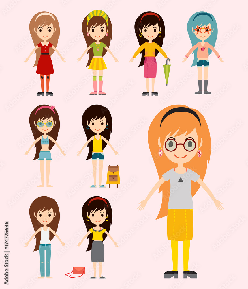 Street fashion girls models wear style fashionable stylish woman characters clothes looks vector illustration Street fashion girls models wear style fashionable stylish woman characters clothes looks vector illustration
