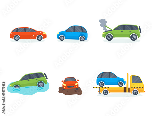 Car crash collision traffic insurance safety automobile emergency disaster and emergency repair transport vector illustration.