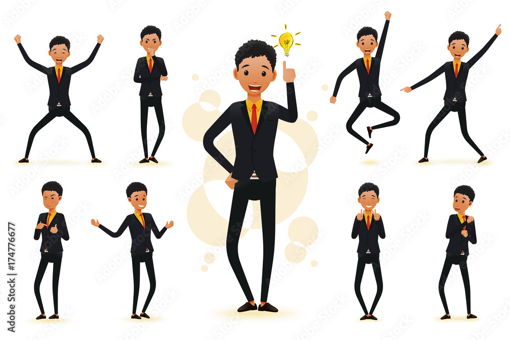 Male Funny Black African Businessman 2D Character Ready to Use Set