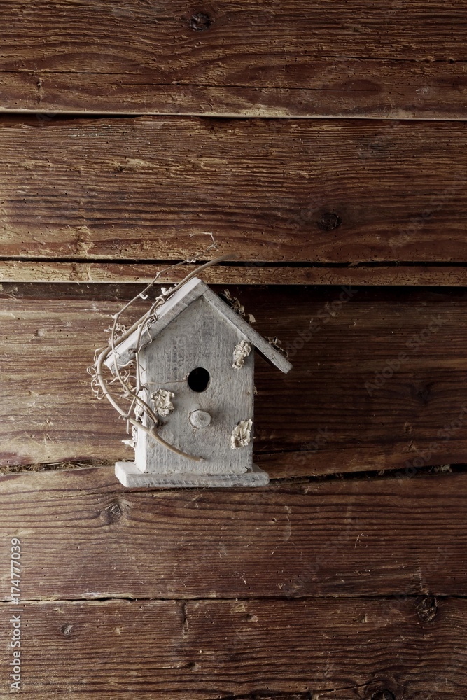 Old bird house hanging on a rustic wooden wall