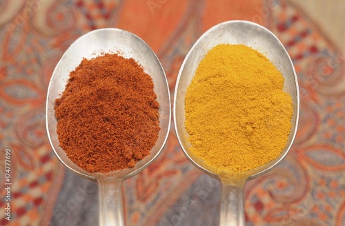 Spices on old spoons, paprika and curry powder