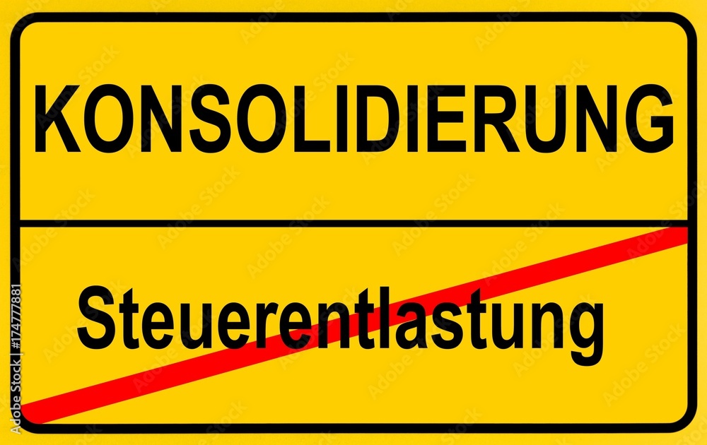 Fototapeta premium City limit sign as a symbolic image for the conflict between tax reduction and the consolidation of public finances