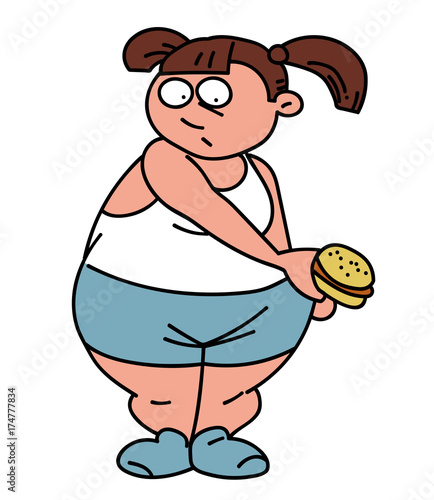 Fat girl cartoon hand drawn image. Original colorful artwork, comic childish style drawing.