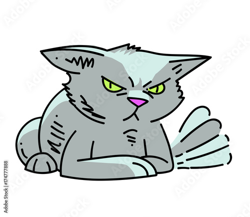 Angry cat cartoon hand drawn image. Original colorful artwork, comic childish style drawing.