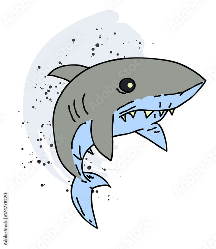 Shark cartoon hand drawn image. Original colorful artwork  comic childish style drawing.