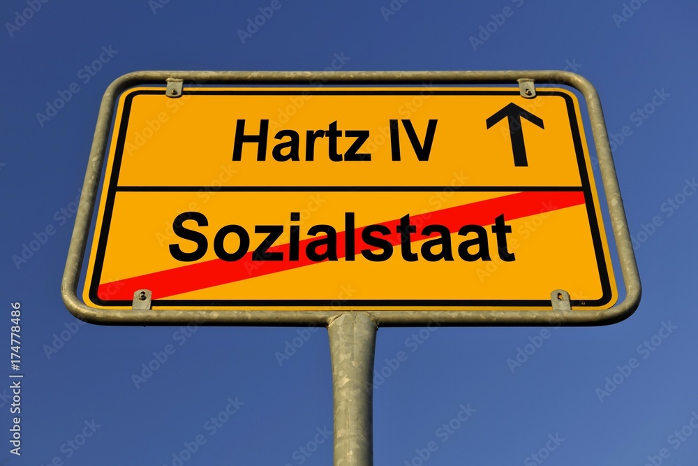 City limit sign, symbolic image in German for the incompatibility of a welfare state and Hartz IV City limit sign, symbolic image in German for the incompatibility of a welfare state and Hartz IV