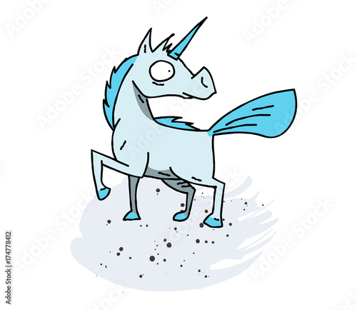 Unicorn cartoon hand drawn image. Original colorful artwork, comic childish style drawing.