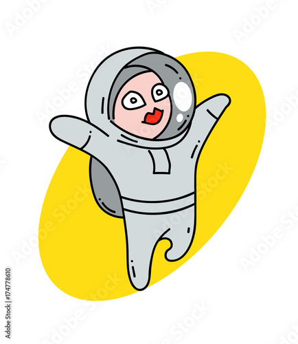 Female astranaut cartoon hand drawn image. Original colorful artwork, comic childish style drawing.
