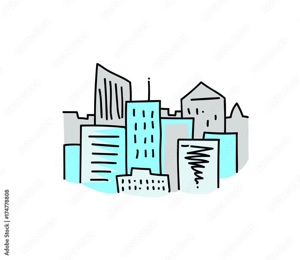 City skyline cartoon hand drawn image. Original colorful artwork, comic  childish style drawing. Stock Vector | Adobe Stock