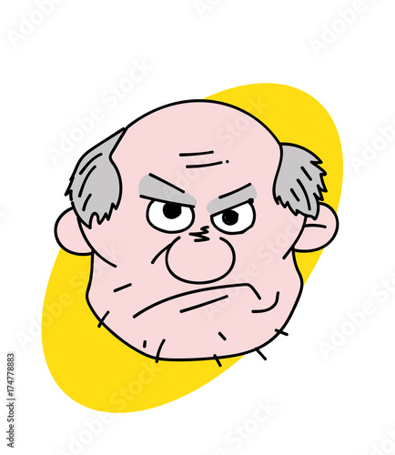 Evil old man face cartoon hand drawn image. Original colorful artwork, comic childish style drawing.