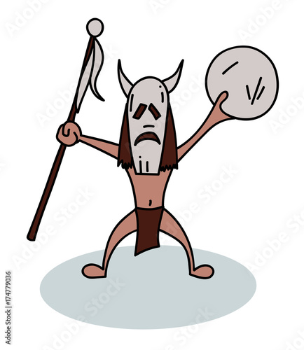 Shaman cartoon hand drawn image. Original colorful artwork, comic childish style drawing.