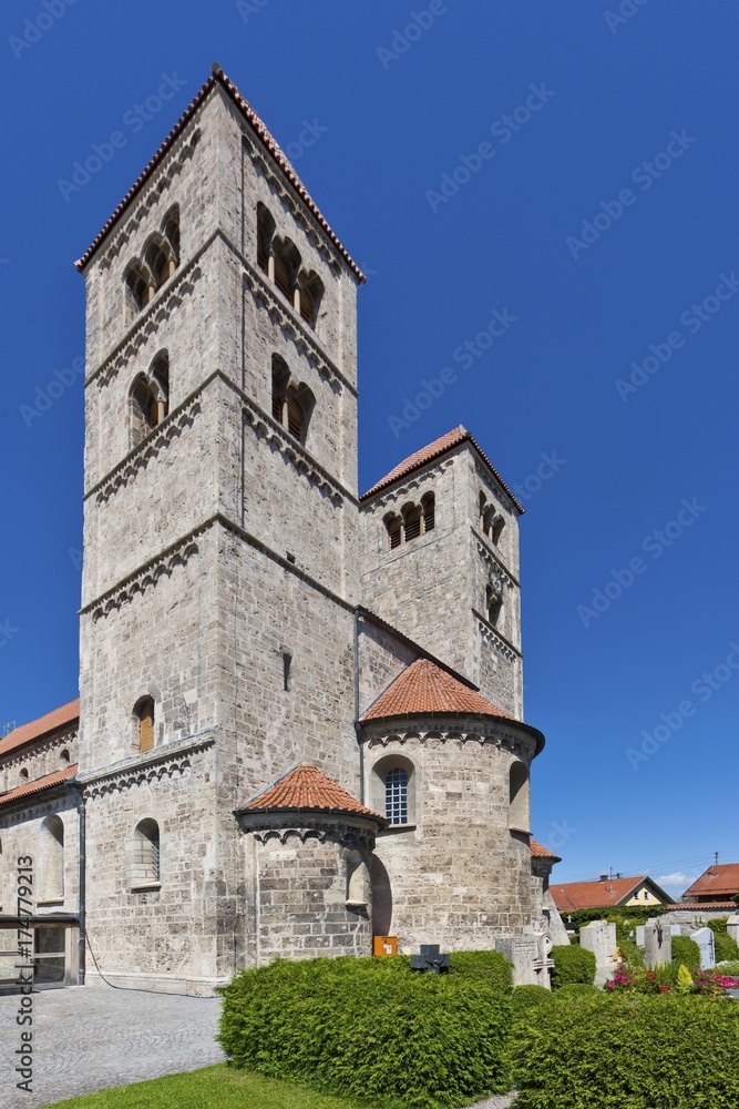 Fototapeta premium St. Michael's basilica, 1180, late Romanesque tufa stone building, Altenstadt, Upper Bavaria, Bavaria, Germany, Europe, PublicGround, Europe