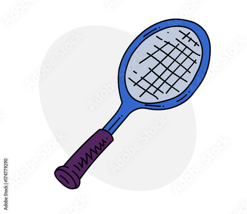 Tennis racket cartoon hand drawn image. Original colorful artwork, comic childish style drawing.