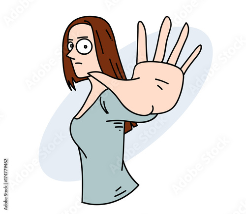 Woman ignoring cartoon hand drawn image. Original colorful artwork, comic childish style drawing.
