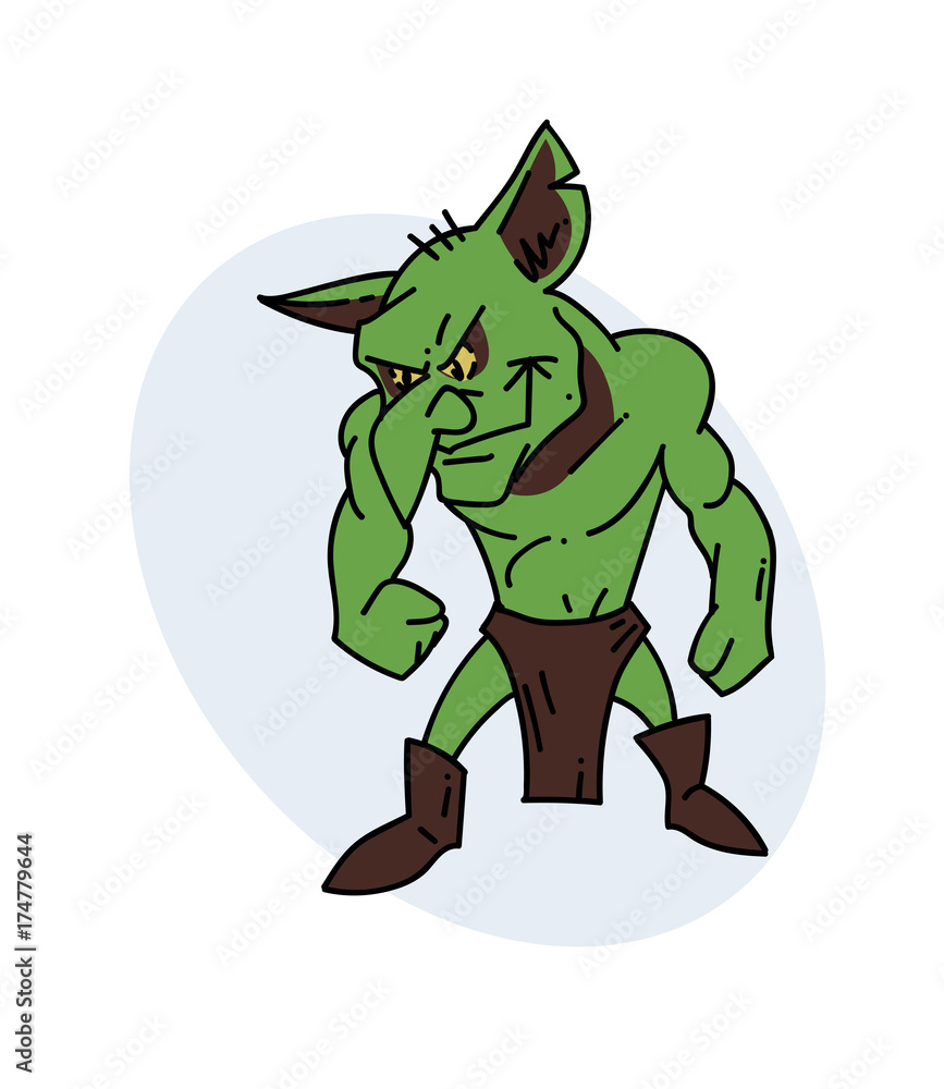 Cartoon terrible menacing goblin shows a hand Vector Image