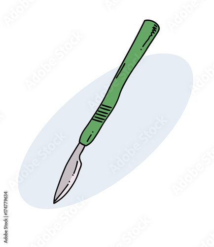 Scalpel cartoon hand drawn image. Original colorful artwork, comic childish style drawing.